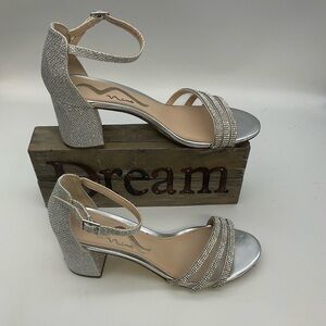 Nina Nagida Silver Metallic Strappy Block-Heel Sandal Prom